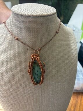 Handcrafted Copper Wire Wrapped Green Stone Pendant Necklace